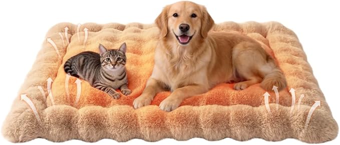 Self-Warming Dog Bed, Plush Faux Fur Mat with Anti-Slip Bottom, Ultra Soft Heated Pet Bed for Medium Large Dogs, Cozy Fluffy Pad for Carriers Couch Crate, Machine Washable, 35 x 27 Inch Coffee