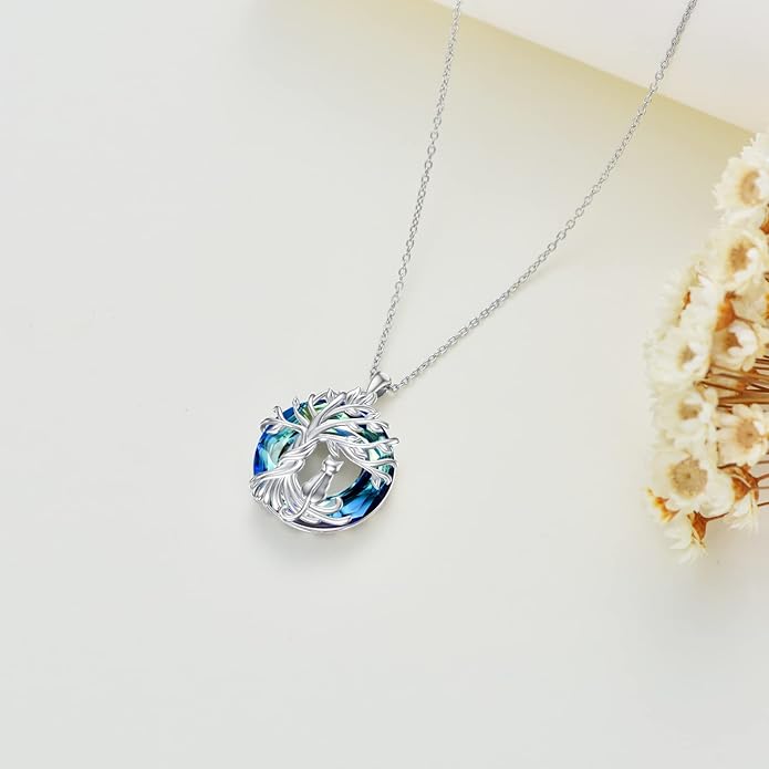 TOUPOP Cat Gifts for Cat Lovers Sterling Silver Cute Cats Tree of Life Pendant Necklace with Blue Circle Crystal Birthday Christmas Jewelry Gifts for Women