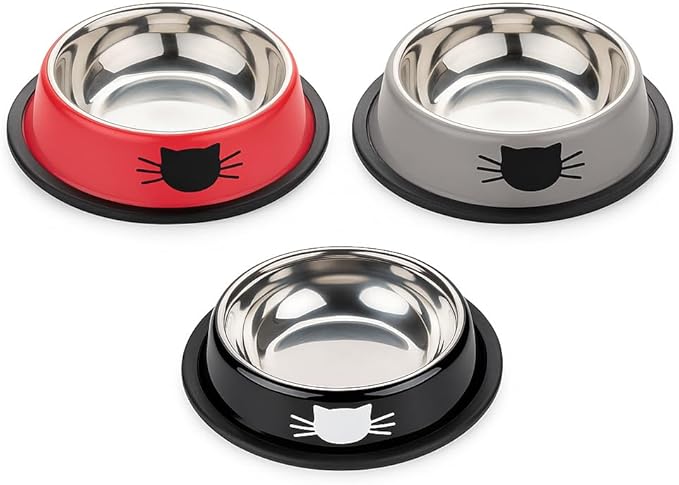 3 Pack Printed Stainless Steel Cat Bowls – 8.1 fl oz Anti-Skid Food & Water Cat Feeding Bowls|Cat Dish for Food and Water Bowl|Cat Feeding Bowl for Kitten (Grey, Black & Red)