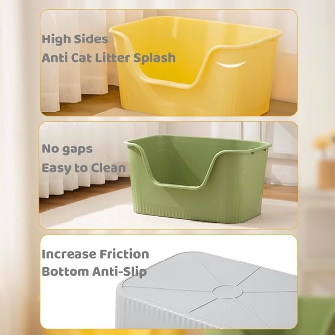 SpaceTime Large Cat Litter Box with High Sides,Cat Boxes for Indoor Cats,Cat Litter Pan for Kitty,Litter Box with Low Entry,Easy to Clean,Anti-Splashing (Green)