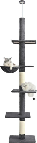 Cat Craft Floor to Ceiling Cat Tree,5 Tiers Tall Cat Tower with Adjustable Height(98-110),Skinny Ceiling Cat Tree with Cozy Hammock,Sisal Scratching Posts,Platforms,and Hanging Balls for Large Cats