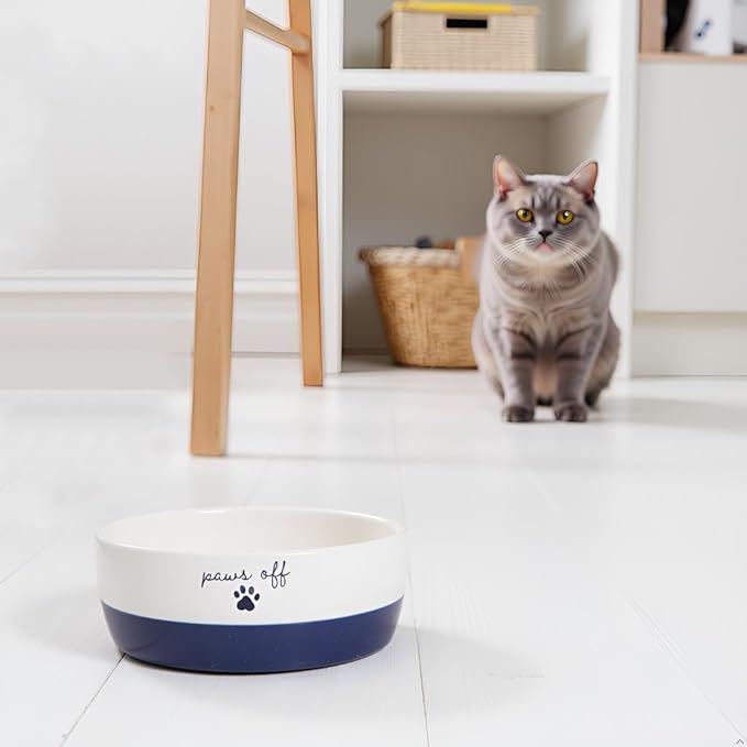 Pearhead Ceramic Paws Off Cat Bowl, Holds 1.3 Cups, Navy Blue and White Stoneware Dish, Non-Skid Feeding Bowl, Microwave and Dishwasher Safe, Small (Pack of 2)