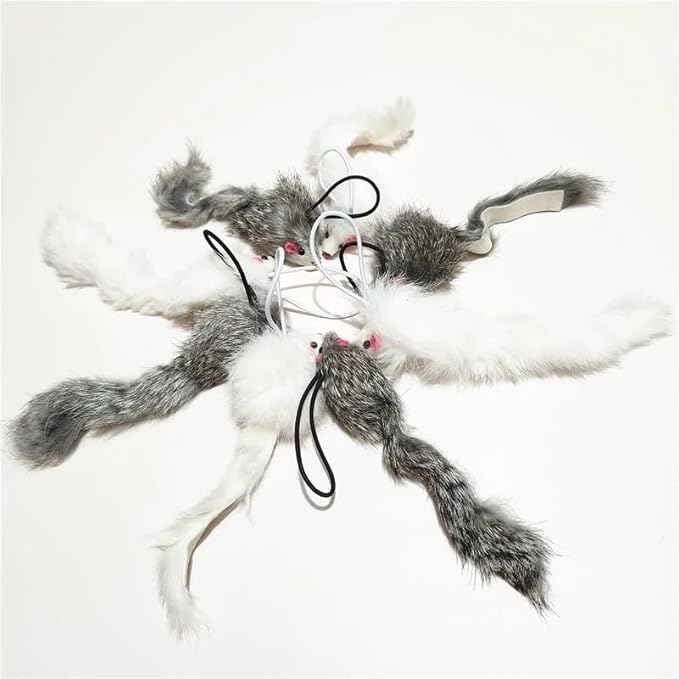 Real Rabbit Fur Mouse Cat Toy - 5 Pack with Crinkle Sound, Rattle & Rope, Extra-Wide Durable Tail, Interactive Hunting Toys for Indoor Cats (No Catnip)
