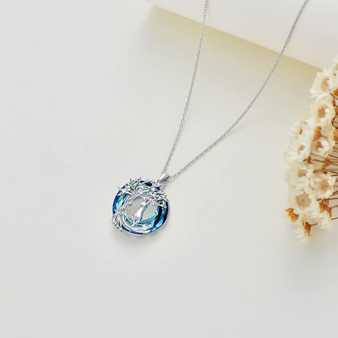 TOUPOP Cat Gifts for Cat Lovers Sterling Silver Cute Cats Tree of Life Pendant Necklace with Blue Circle Crystal Birthday Christmas Jewelry Gifts for Women
