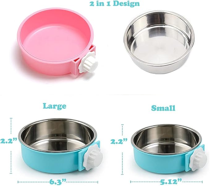 Love Dream Crate Dog Cat Bowls, Removable Stainless Steel Hanging Pet Cage Bowls Kennel, Food Water Feeder with Bolt for Puppy Birds 2 Pack with Silicone Sponge Dish Brush
