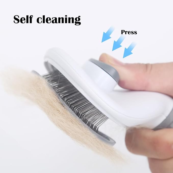 Pet Grooming Brush with Ergonomic Handle, Self-Cleaning Slicker Brush, White and Gray