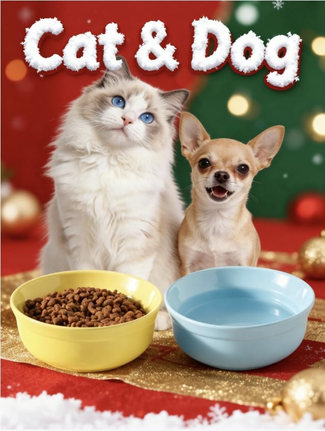 5.3 Inch Blue Ceramic Small Dog Bowl Sets - Porcelain Wide Mouth Cat Food or Water Bowls, Cute Feeding Bowls for Indoor Small Size Dog, for Wet or Dry Food