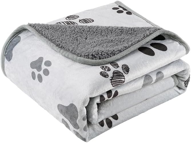 Waterproof Dog Blankets Pet Blanket 60"x80", Soft Fluffy Sofa Car Bed Protector, Reversible Sherpa Fleece Dog Blanket for Large Dogs (Light Grey-Paws)