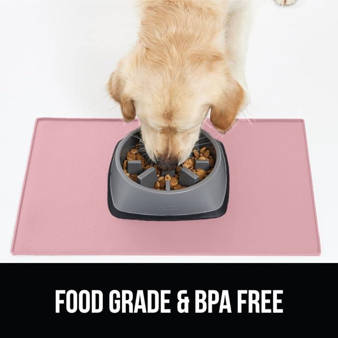 GORILLA GRIP 100% Waterproof Raised Edge BPA Free Silicone Pet Feeding Mat, Dog Cat Food Mats Contain Spills Protects Floors, Placemats for Cats and Dogs Water Bowl, Pets Accessories 16x10, Pink