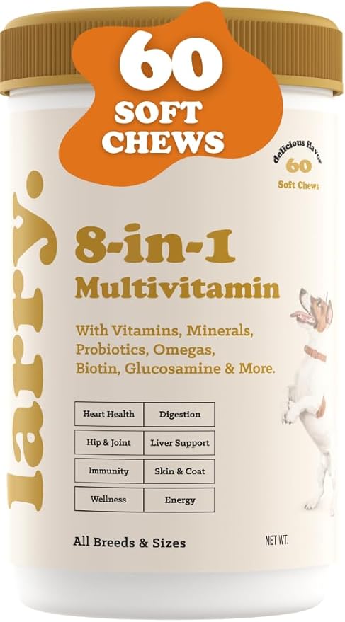 Larry 8-in-1 Multivitamin Dog | Heart, Digestion, Liver, Skin, Coat, & Joint Support for Dogs | Dog Vitamins with Vitamins, Minerals, Omegas, & Glucosamine Chondroitin | 60 Soft Chews