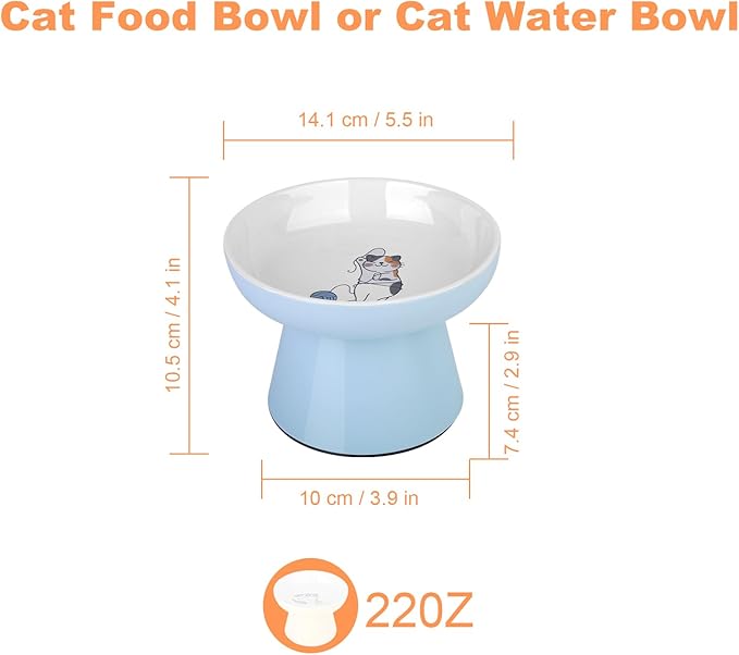 Elevated Cat Food Bowls,Ceramic Raised Cat Bowls with Non-Slip Base,Whisker Friendly Shallow Design for Dry & Wet Food,Anti Vomiting, Dishwasher Safe(Blue)