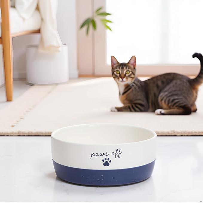 Pearhead Ceramic Paws Off Cat Bowl, Holds 1.3 Cups, Navy Blue and White Stoneware Dish, Non-Skid Feeding Bowl, Microwave and Dishwasher Safe, Small (Pack of 2)