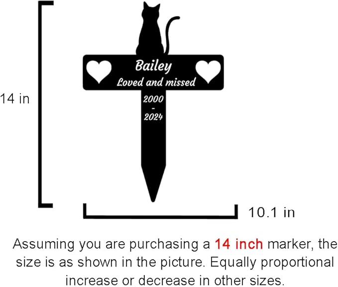 Personalized Custom Cat Memorial Garden Stake Grave Marker for Pet, Metal Animal Silhouette Outdoor Cat Remembrance Cross Stake with Hearts