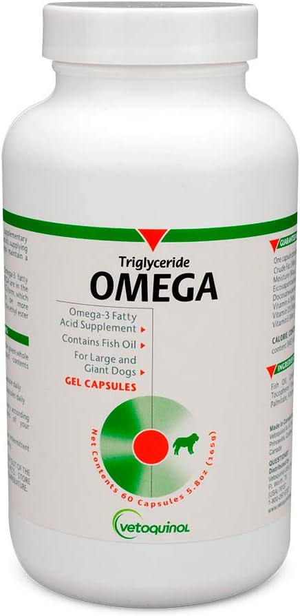 Vetoquinol Triglyceride Omega - Fish Oil for Dogs & Cats - Supports Healthy Skin, Coat & Normal Immune Response - Supplement with Vitamin Blend for Heart, Eye, Bone & Muscle Support - 60 Capsules