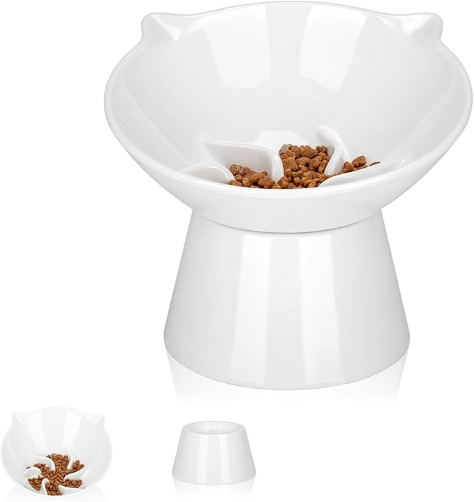 7 Inch Extra Wide Detachable Slow Feeder, Cat Bowl- Elevated Cats Feeder Tilted, Large Raised Cat Food Bowl Whisker Friendly, for Indoor Cats and Small Dogs Anti-Vomiting White
