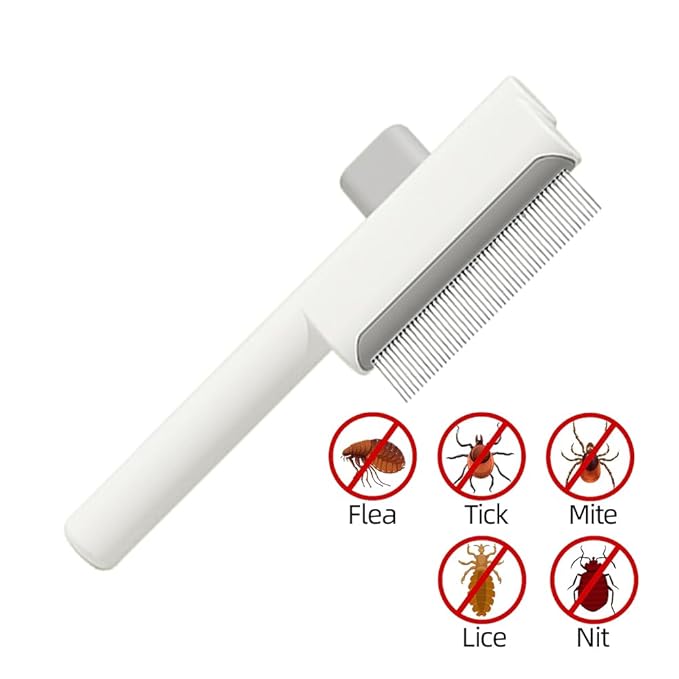 Marchul 2Pcs Pet Comb Flea Comb Set for Cats Dogs, Cat Grooming Brush with Release Button and Stainless Steel Round Teeth, Self-Cleaning Dog Combs for Removing Pet Hair, Knots & Loose Fur, White