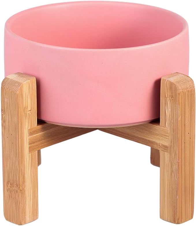 Ceramic Elevated Raised Cat Bowl with Wood Stand No Spill Pet Food Water Feeder Cats Small Dogs
