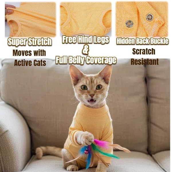 Cat Recovery Suit, Spay Suit for Female Male Cat, Breathable Cat Body Suit Post Surgery, Cone of Shame Alternative Recovery Suit for Cats to Stop Licking, Cat Outfits for Cats After Surgery(Orange, M)