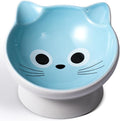 Raised Ceramic Cat Food Bowl - 15 Tilted, Spine Protection, Anti-Vomiting, Backflow Prevention for Adult Cats, Kittens, and Small Dogs (Blue Face)