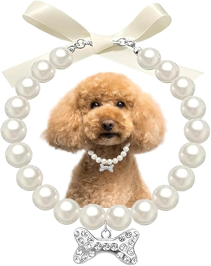 Pearl Necklace Dog Collar,White Diamond Crystal Bling Rhinestones Bone Girl Jewelry Cute for xs s Small Puppy Kitten Pets Dogs