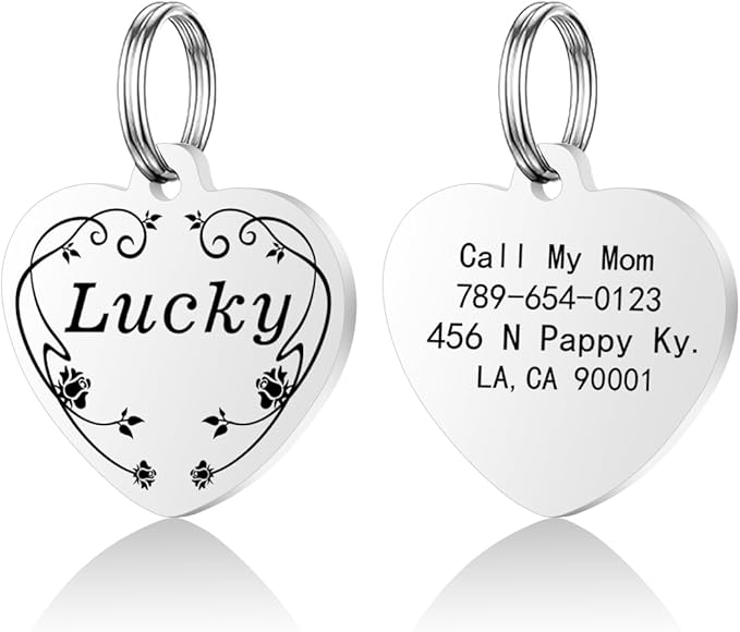 Personalized Dog Tags, Stainless Steel Pet Tags Personalized Cat, Collar Charm Engraved on Both Sides, up to 4 Lines of Custom Text, Multiple Patterns Colors Size Options (Flower, XSmall)