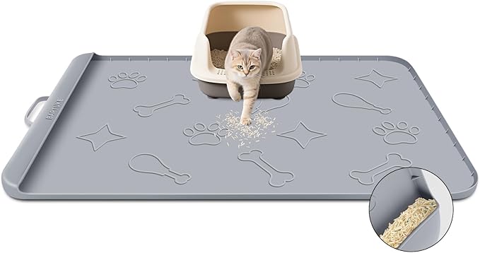 Silicone Cat Litter Mat with Collection Pocket, 42" x 28" Large Cat Litter Box Mat Waterproof Anti-Slip Litter Trapping Mat with Edge and Handle Pet Placemat for Floors (Light Grey)