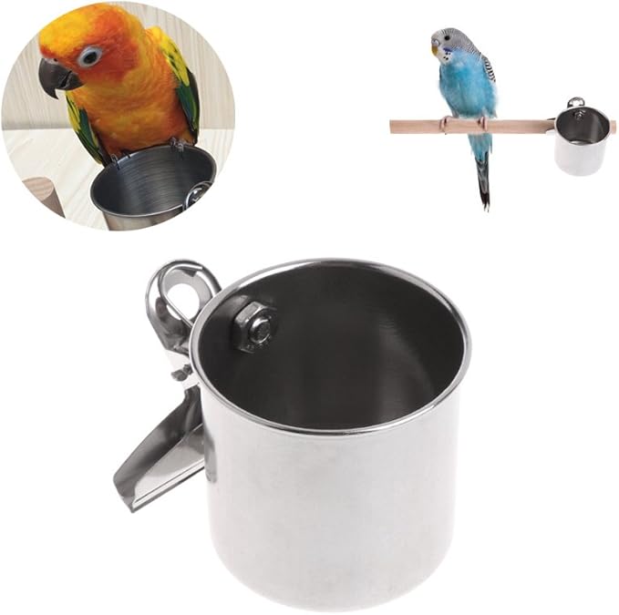 Bird Feeder Stainless Steel Bowls for Cage Parakeet Food Dish Parrot Water Cups with Clip for Canary Lovebird Bird Seed No Waste