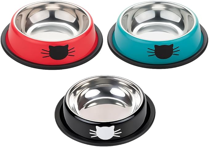 3 Pack Printed Stainless Steel Cat Bowls – 8.1 fl oz Anti-Skid Food & Water Cat Feeding Bowls|Cat Dish for Food and Water Bowl|Cat Feeding Bowl for Kitten (Blue, Black & Red)