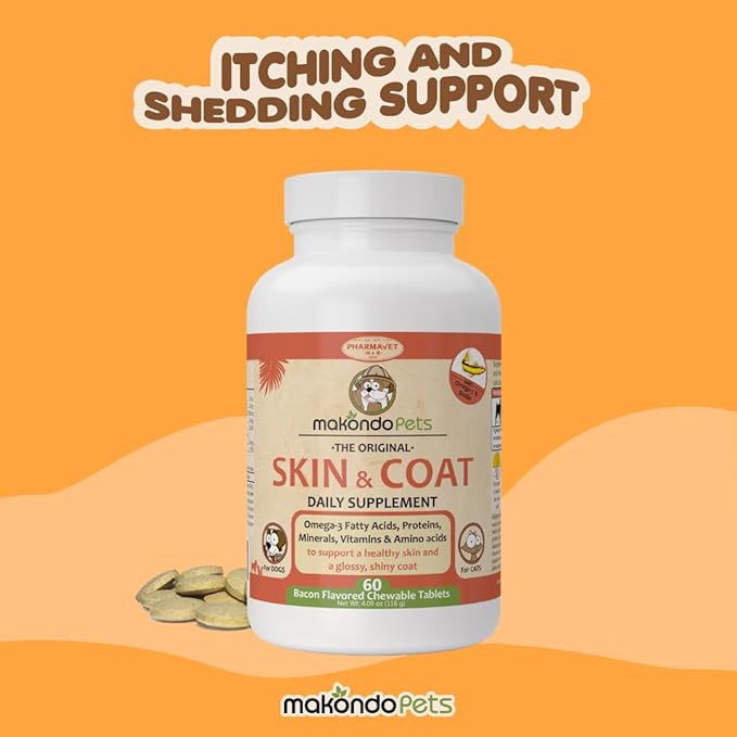 Skin and Coat Supplement with Fish Oil and Omega 3 for Dogs and Cats - Dog Itch Relief Pet Supplement for Shedding, Dry Itchy Skin and Allergies - Dog Allergy Treatment Vitamins (60 Tabs)