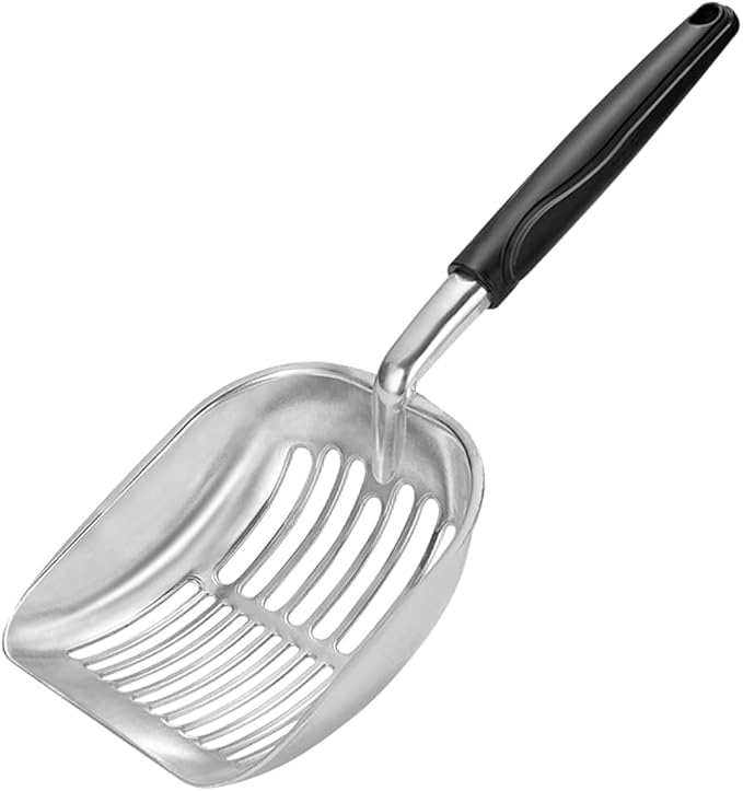 Cat Litter Scoop,Long Handle Cat Scooper,Aluminum Alloy Sifter Metal Scoop,Poop Sifting,Mesh Shovel,Suitable for Cat Litter Box, (Black)