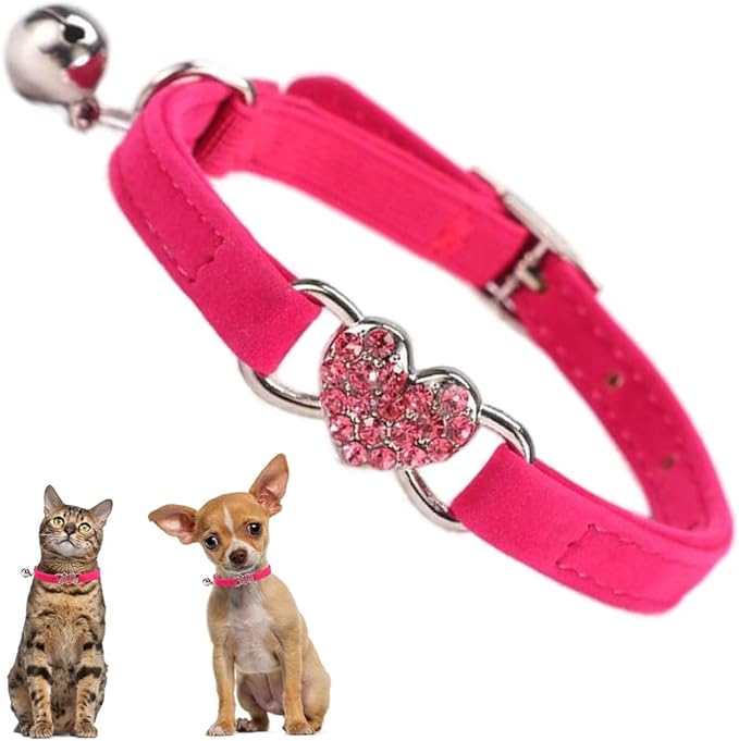 XXS Dog Collar with Bell, Bling Rhinestone Heart Soft Velvet Kitten Collars with Bells for Xs Tiny Dogs Girls Pet Cats, Hot Pink
