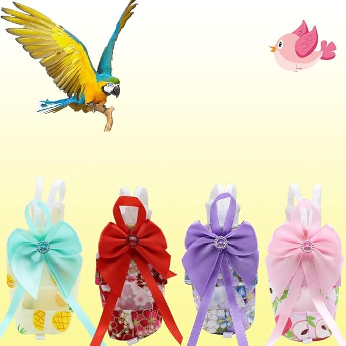 6pcs Bow Bird Diaper Set, Soft Reusable Flight Suit Clothing for Parrots Budgies Cockatiels — Cleaner Indoor Bonding & Training (S)