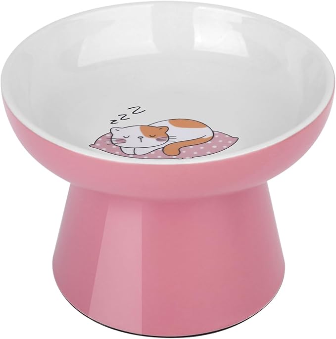 Ceramic Raised Cat Bowl, Elevated Cat Food Bowl with Non-Slip Base,Whisker Friendly Shallow Feeder for Dry & Wet Food, Dishwasher Safe, Anti Vomiting (Pink)