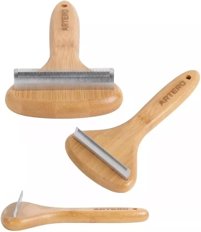T Shaped Wood Handle Dog Deshedding Tools Loose Hair and Undercoat Removal No Damage (90 Degree)