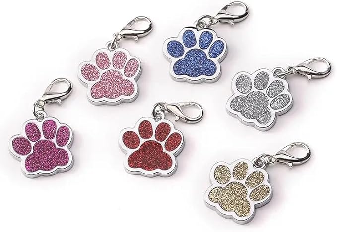 Cute Personalized Pet Name Tags for Cats/Dogs - Glitter Custom pet id tag, Dog id Tags Engraved for Pets, Customizable cat tag, pet Collar Charms, Dog Name tag (Paw-Shaped-Small: Pink)