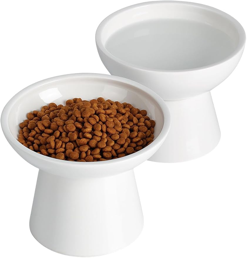 LoeJan Elevated Cat Food and Water Bowls Set, Extra Wide and Raised Ceramic Feeder, Anti-Vomit Whisker-Free Pressure Feeding Bowl for Kittens Adult Small Dogs