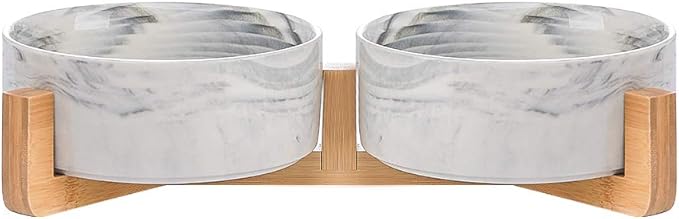 Marble Black Ceramic Cat Dog Bowl Dish with Wood Stand No Spill Pet Food Water Feeder Cats Small Dogs Set of 2