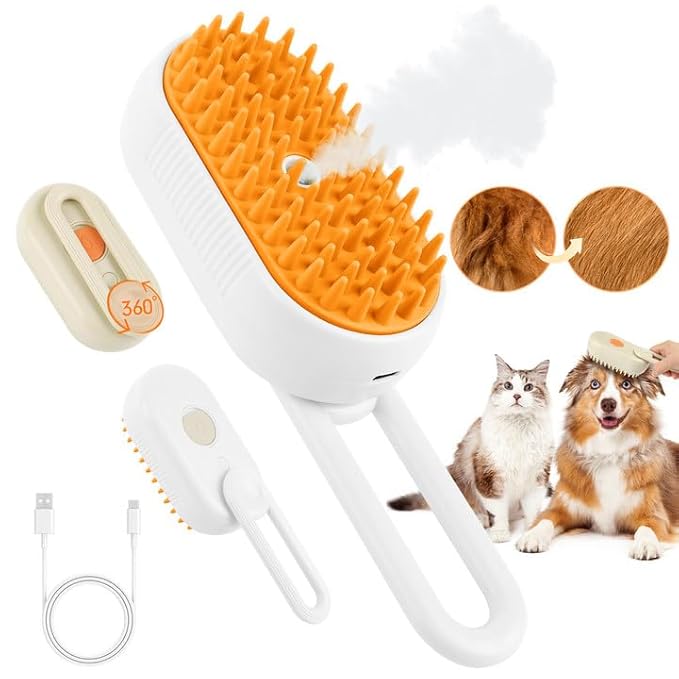 Cat Steam Brush for Shedding – Rechargeable Steam Pet Brush Flea, Anti-Static, Massage, Comb Cleaning All in One Pet Grooming Comb Hair Removal Tool for Cats and Dogs (2 PCS White Brown)