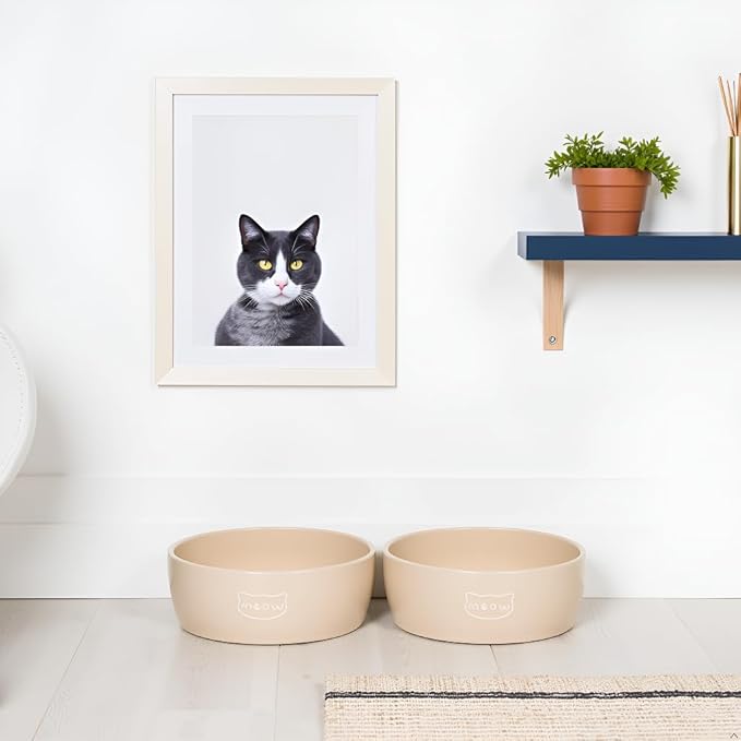Pearhead Ceramic Cat Bowl – Neutral Taupe “Meow” Design, Holds 1.3 Cups, Stoneware Pet Dish, Whisker-Friendly Pet Feeding Bowl, Non-Skid, Small (Pack of 2)