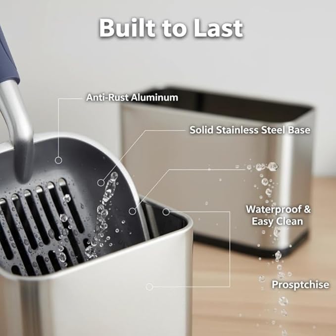 Full Metal Cat Litter Scoop with Holder, Stainless Steel Cat Litter Scooper Holder, Aluminum Kitty Scoop Captures All Clumps, Heavy Duty Kitty Metal Scooper with Non-Slip Handle