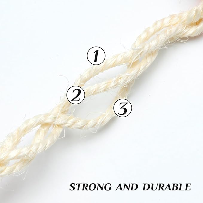 White Sisal Rope 1/4 Inch by 32-Feet for Cat Scratching Post Tree Tower Replacement Repair and Replace, DIY Hemp Twine Rope for Kittens Shelves Furniture Window Bed Perch House Climbing, 6mm by 10m