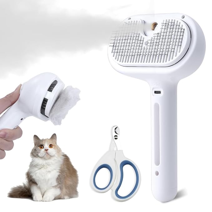 NATUYA Cat Steam Brush, Self-Cleaning Pet Brush for Dog and Cats Shedding Massaging Grooming, Cool Mist Only, Come With Cat Nail Clipper (White)