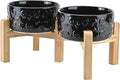 SPUNKYJUNKY Elevated Dog Bowls Ceramic, 6.1'' Dogs and Cat Food Water Bowls Raised with Non-Slip Bamboo Stand for Medium Sized Breed Microwave Dishwasher Safe - 28.7 OZ,Skull Black