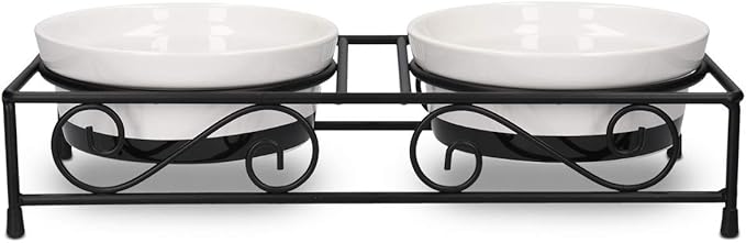 Navaris Ceramic Pet Bowl Set - Food Water Bowls for Cats, Small Dogs and Puppies with Non-Slip Retro Metal Stand - Set of Bowls, 10.8 oz Each