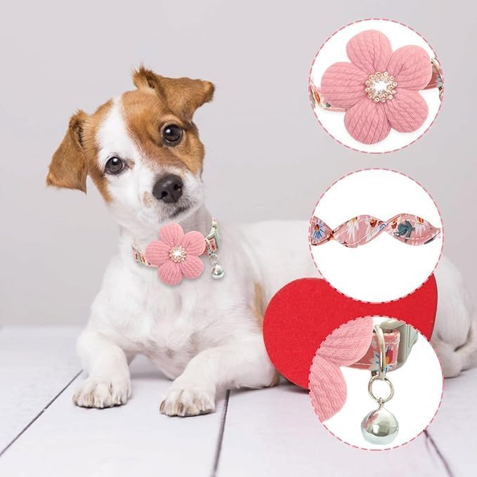 Cute Small Dog Collar with Flower, 2 Pack Puppy Collar for Girl Dog Collars for Small Dogs Floral Kitten Collar with Bell for Tiny Little XXS XS Extra Small Female Pets Cats Dogs, XSmall
