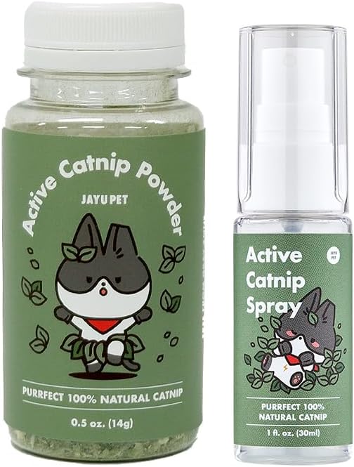 JAYU PET Active Catnip Spray (1 fl.oz) Active Catnip Powder (0.5oz) - Potent Fresh Leaves or Liquid for Entertaining Cats, Reducing Stress & Anxiety, Reviving Old Toys (Spray+Catnip)