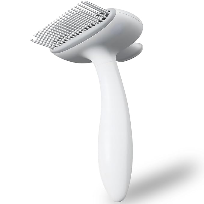Self Cleaning Dog Deshedding Brush for Long Haired Dogs, 360° Rotating Comb Needles, Wider, Ergonomic Handle (White)