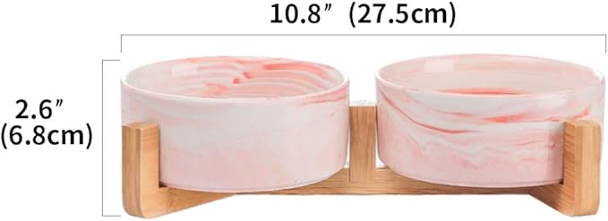 Marble Pink Ceramic Cat Dog Bowl Dish with Wood Stand No Spill Pet Food Water Feeder Cats Small Dogs Set of 2