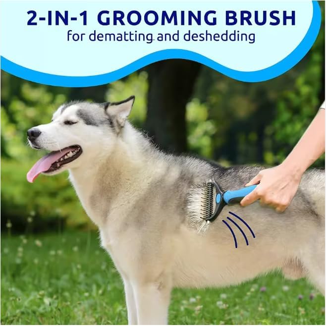 2-in-1 Dog & Cat Deshedding Tool – Double-Sided Undercoat Rake and Dematting Comb for Shedding & Tangle Removal