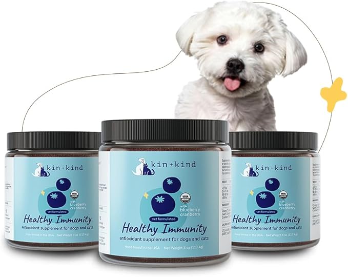 kin+kind Pet Vitamins and Supplements - Immune Support Supplement for Dogs & Cats - Natural Dog Supplements & Cat Supplements w/Organic Ingredients for Healthy Immunity - Made in USA - 3x4 oz Medium